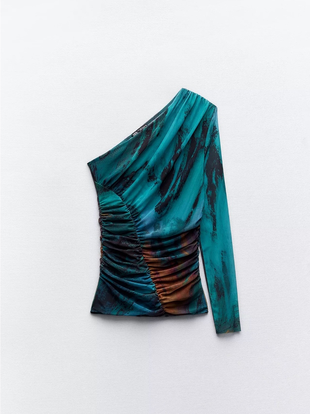 Zara One-Shoulder Teal Brushstroke Ruched Top